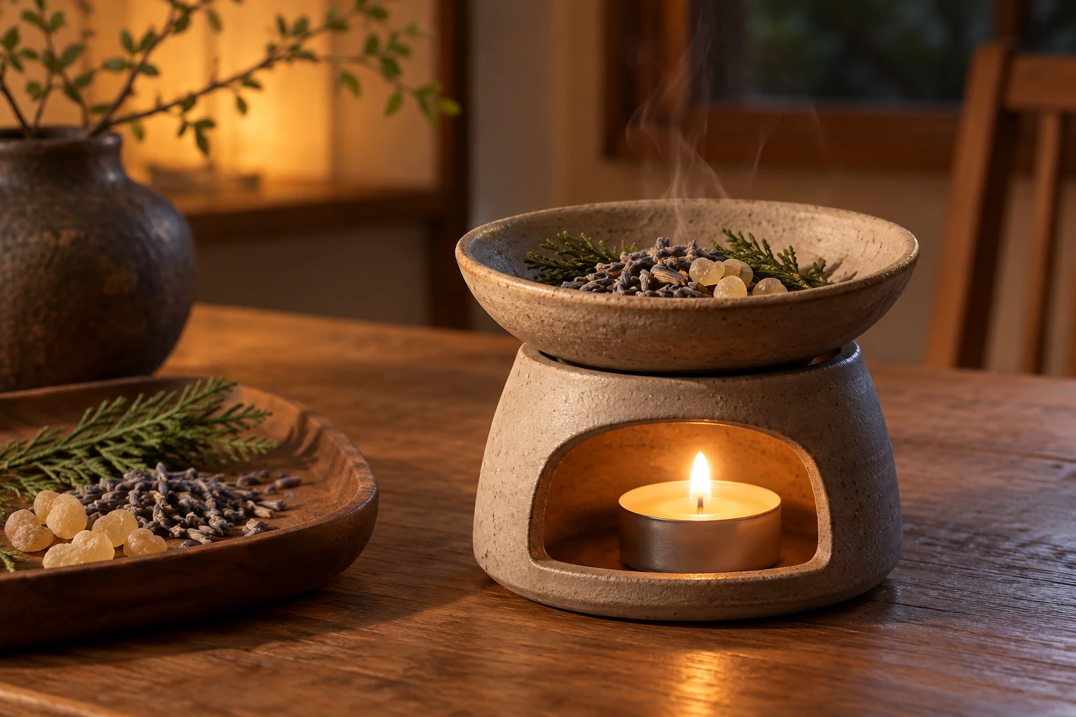 Botanicals warming gently in a candle-powered ceramic incense warmer